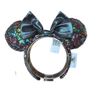 Disney RAINBOW MINNIE MOUSE SEQUIN EARS Black Shimmer Bow HEADBAND NEW! 1